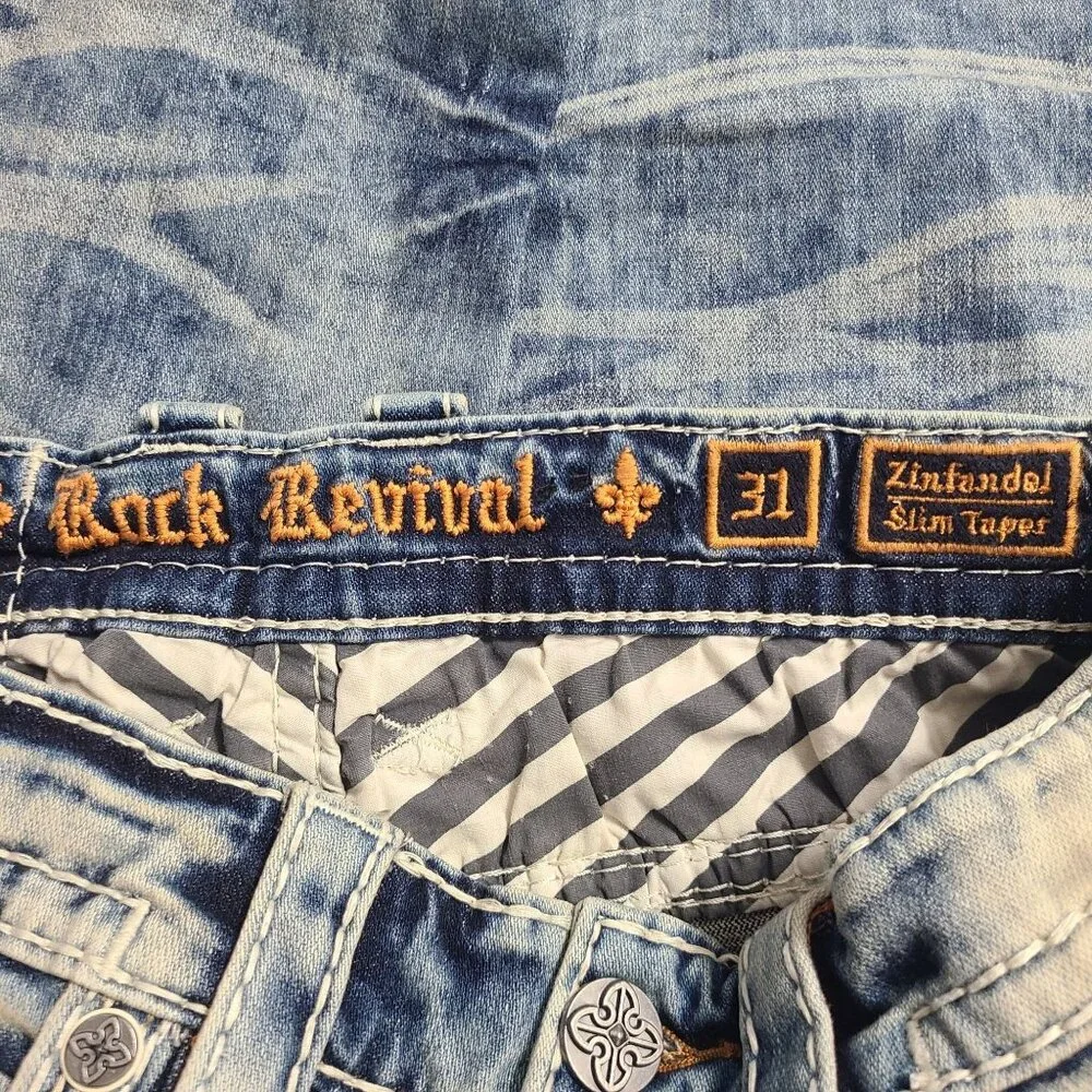 NEW Rock Revival Zinfadel Slim Taper Distressed Denim Jeans Size 31x30 Blue